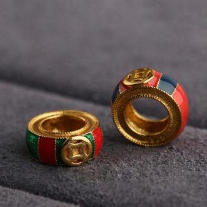 sterling silver bead, enamel ring with coin pattern, 2 pieces / 5 pieces