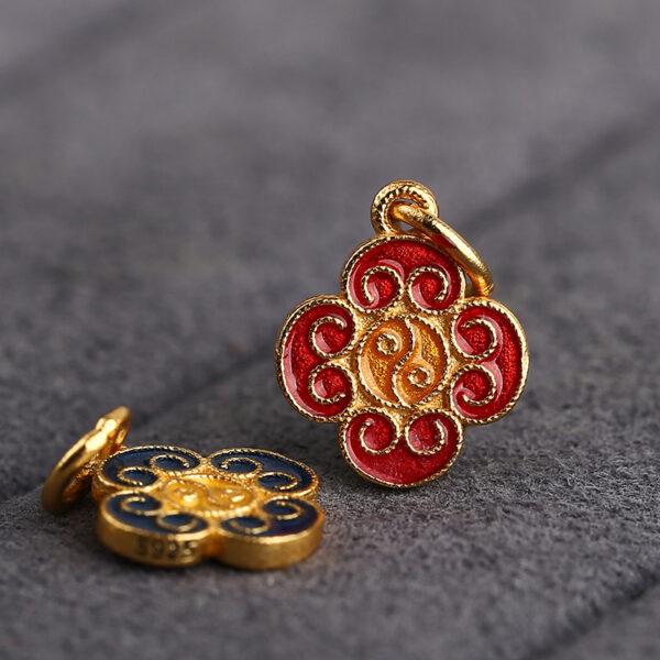 gild sterling silver charm, enamel flower bead with vine pattern, 2 pieces / 5 pieces - Image 3
