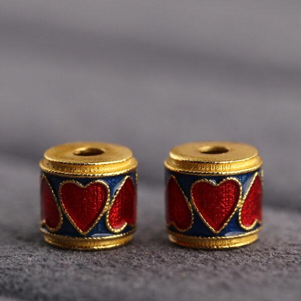 gild sterling silver bead, enamel cylinder bead with heart pattern, 2 pieces / 5 pieces - Image 5