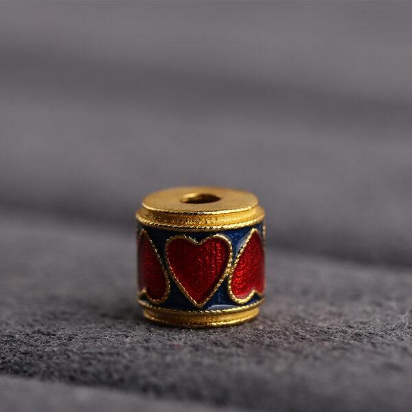 gild sterling silver bead, enamel cylinder bead with heart pattern, 2 pieces / 5 pieces - Image 3