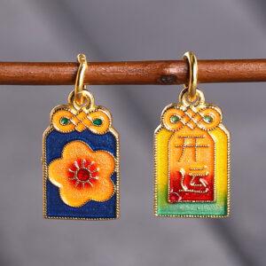 gild sterling silver rectangle charm, enamel bead with flower pattern, 2 pieces / 5 pieces