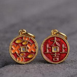 gild sterling silver flower pattern round shape charm, red and yellow enamel flower bead, 2 pieces / 5 pieces