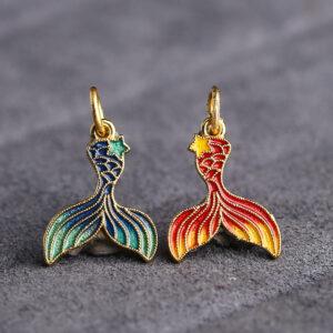 gild sterling silver fish tail shape charm, red and blue enamel bead, 5 pieces / 10 pieces