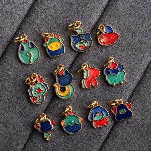 A set of gild sterling silver Chinese Zodiac Animals shape charm, colorful enamel bead