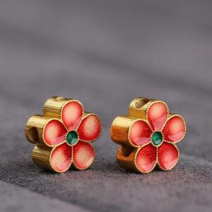 gild sterling silver peach flower shape bead, red and green enamel flower bead, 2 pieces / 5 pieces