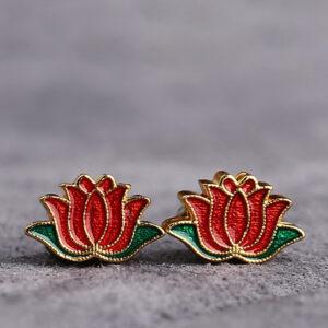 gild sterling silver lotus flower shape bead, red and green enamel flower bead, 2 pieces / 5 pieces