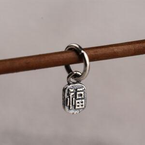 福 pattern oval shape s925 sterling silver charm bead, oxidized silver bead
