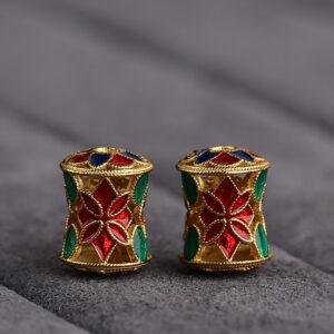 gild sterling silver flower pattern drum shape charm bead, red and green enamel flower charm, 2 pieces / 5 pieces