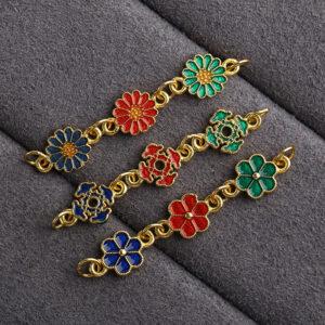 gild sterling silver flower shape chain bead, red and green enamel flower extension chain, 2 pieces / 5 pieces