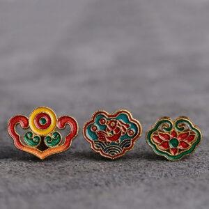 gild sterling silver ruyi shape bead, red and green enamel flower bead, 2 pieces / 5 pieces