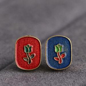 gild sterling silver rose flower pattern oval shape bead, red and green enamel bead, 2 pieces / 5 pieces