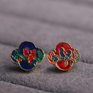 gild sterling silver birds on branch pattern bead, blue and red enamel flower bead, 2 pieces / 5 pieces