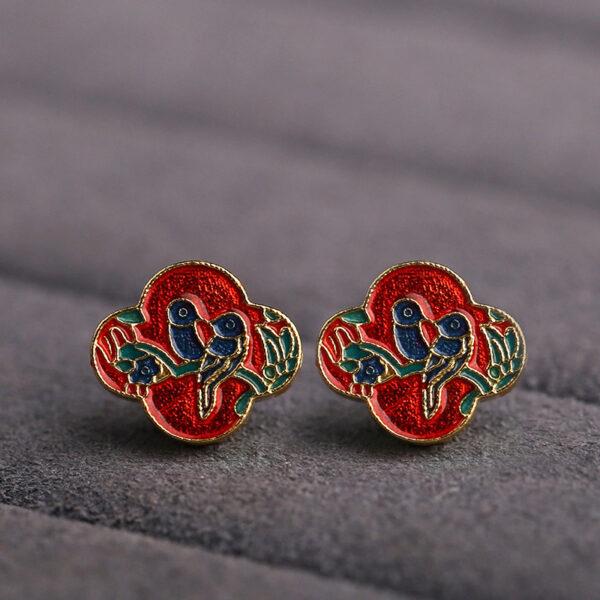 gild sterling silver birds on branch pattern bead, blue and red enamel flower bead, 2 pieces / 5 pieces - Image 3