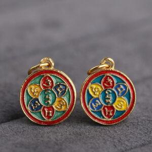 gild sterling silver Buddhist six-syllable mantra pattern round shape charm bead, colorful enamel charm