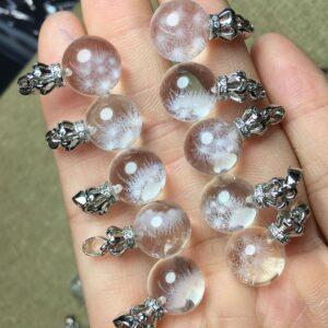 Dandelion pattern round shape natural clear quartz bead charm