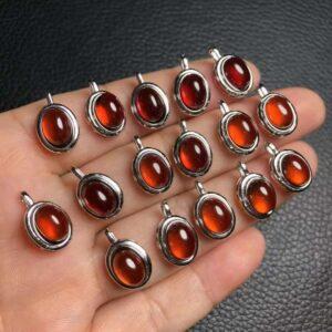 oval shape natural wine red garnet bead inlaid sterling silver charm