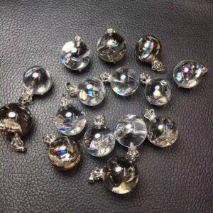 round shape natural rainbow light clear and smoky quartz bead sterling silver charm