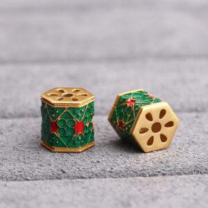 flower pattern hexagonal prism shape gild sterling silver bead, green enamel prism bead