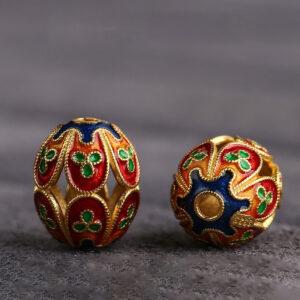 hollow flower pattern oval shape gild sterling silver bead, red enamel bead