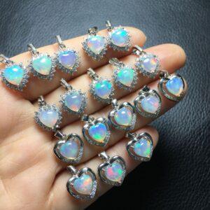 heart shape natural colorful opal bead inlaid sterling silver charm pendant