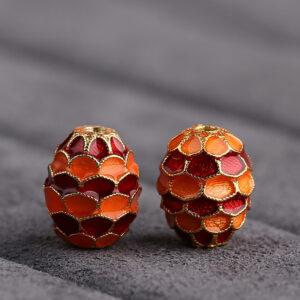 Dragon Scale pattern oval shape gild sterling silver bead, red and orange enamel oval bead