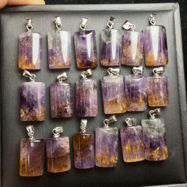 rectangle shape natural Amethyst Rutilated Quartz bead sterling silver charm