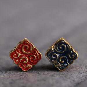 abstract cloud pattern square shape gild sterling silver bead, red and blue enamel square bead