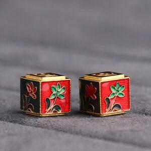 plum flower pattern cube shape gild sterling silver bead, colorful enamel round bead