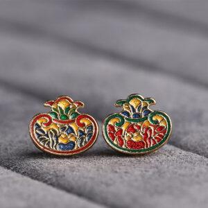 gild flower pattern vase shape bead, orange and red enamel bead