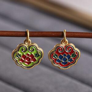 gild sterling silver lotus flower pattern ruyi shape charm bead, enamel charm