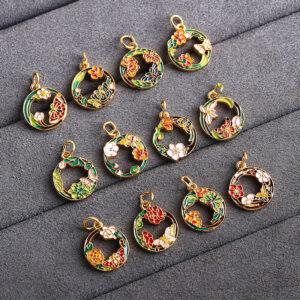 gild sterling silver flowers of the twelve months pattern round shape charm bead, enamel charm