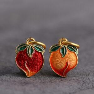 gild sterling silver peach shape charm bead, red enamel charm, 2 pieces / 5 pieces