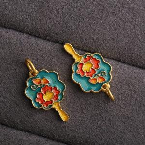 gild sterling silver lotus flower shape charm bead, red and green enamel charm