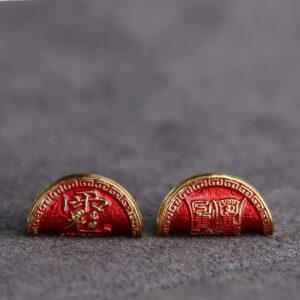 gild sterling silver Taoist Runes pattern semicircle shape bead, red enamel bead