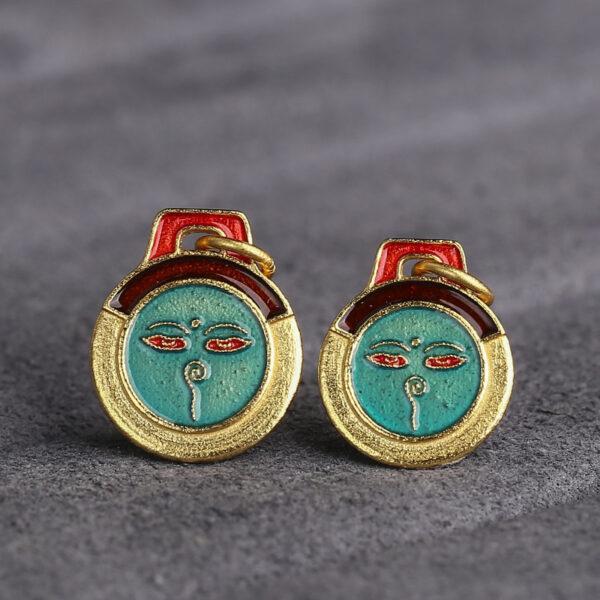 gild sterling silver abstract face and flower pattern round shape charm, red and blue enamel flower bead, 2 pieces / 5 pieces - Image 3