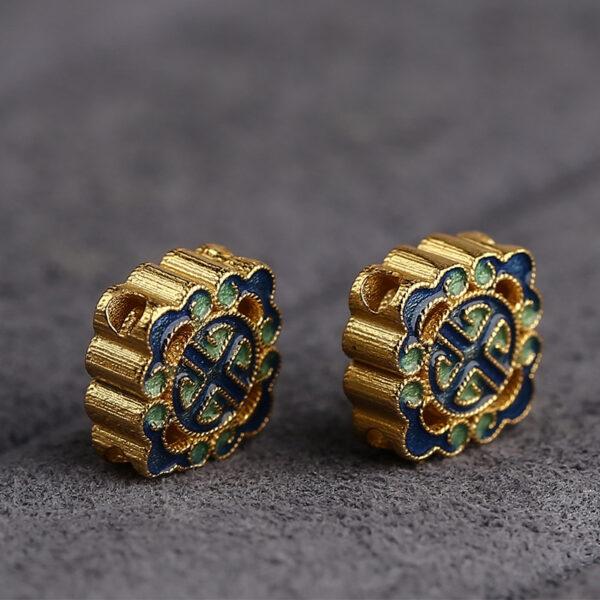 gild flower pattern square shape bead, green and blue enamel bead - Image 5