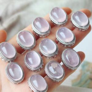 oval shape natural rose quartz inlaid copper bead