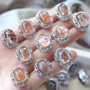 oval shape natural Phantom Quartz inlaid copper bead