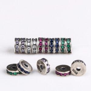 zircon inlaid rondelle shape s925 sterling silver bead, oxidized silver rondelle bead