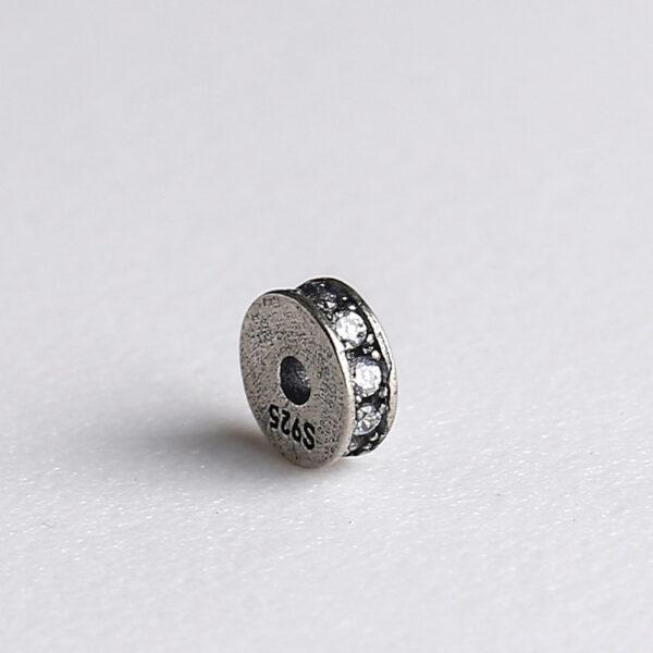 zircon inlaid rondelle shape s925 sterling silver bead, oxidized silver rondelle bead - Image 6