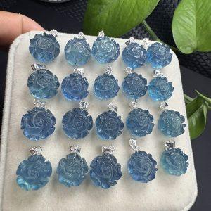 rose flower shape natural aquamarine sterling silver pendant