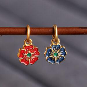 small peach flower shape gild sterling silver charm bead, enamel peach flower charm