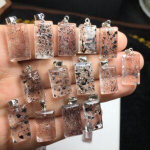 spots pattern rectangle shape natural Super Seven quartz bead sterling silver charm