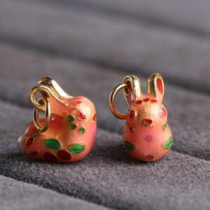 nice rabbit shape gild sterling silver charm bead, pink enamel rabbit charm