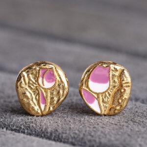 pink tulip flower pattern gild sterling silver bead, enamel flower bead