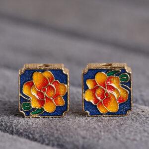 peony flower pattern square shape gild sterling silver bead, colorful enamel round bead