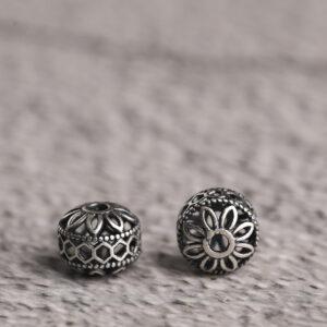 hollow flower pattern drum shape s925 sterling silver bead, oxidized silver drum bead