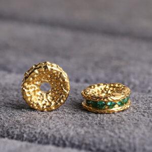 rondelle shape gild s925 sterling silver bead, zircon inlaid small pits pattern golden bead