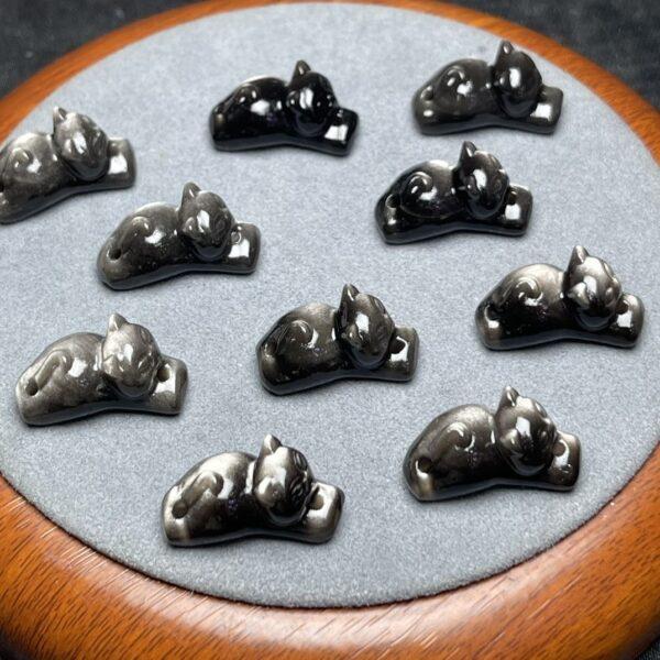cute cat shape genuine natural silver obsidian bead, silver black cat bead - Image 2