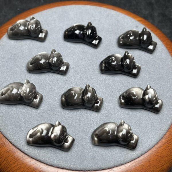 cute cat shape genuine natural silver obsidian bead, silver black cat bead - Image 3